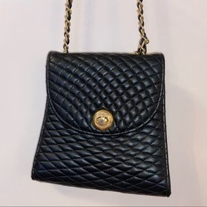 Black Quilted Leather Bag with Gold Metal Chain